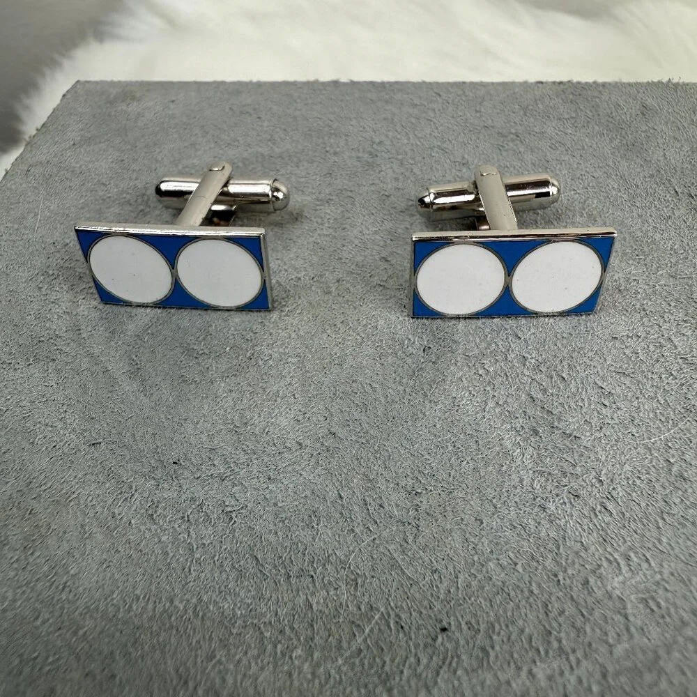 Vintage White & Blue Enamel Silver Tone Cuff Links